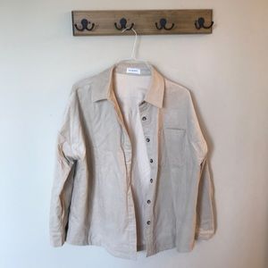 Pink Lily x Daryl-Ann Denner light tan corduroy shacket, size L.